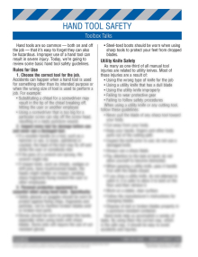 "Tool Safety - Hand Tools" toolbox talk training sheet from Clement, featuring safety meeting points and a comprehension quiz.