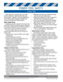 Toolbox talk safety training handout titled "Tool Safety - Power Tools" featuring an instructional safety lesson plan on one side and a matching quiz on the reverse.