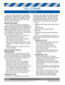 "Tool Safety - Storage" toolbox talk training sheet from Clement, featuring safety meeting points and a comprehension quiz.