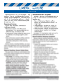 Warehouse Safety Material Handling Toolbox Talk training sheet with a 15-minute meeting guide and a 10-question employee quiz.
