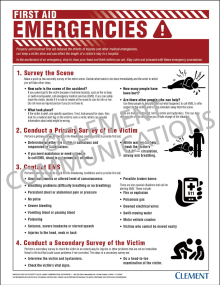 First Aid - Emergencies safety poster providing clear, calm instructions for responding to workplace medical emergencies and injuries.
