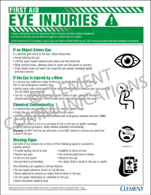 Medical first aid safety poster outlining step-by-step procedures for treating workplace eye injuries, chemical exposure, and foreign objects in the eye.