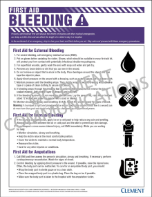 Emergency first aid safety poster detailing clear, step-by-step instructions for controlling bleeding, applying direct pressure, and treating open wounds.