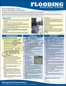 "Flooding Survival Guide" emergency preparedness poster from Clement, detailing vital actions and safety protocols for flood survival.