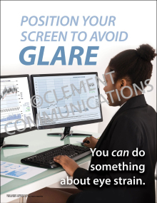 Workplace ergonomics safety poster demonstrating the proper angle and position of a computer monitor to eliminate screen glare and reduce eye strain.