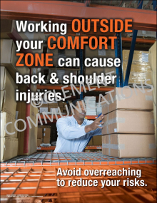 Ergonomics safety poster titled "Working Outside Your Comfort Zone," illustrating the risks of overreaching and the importance of maintaining a neutral posture.