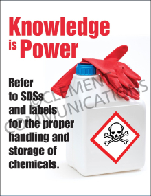"Knowledge is Power" safety poster from Clement Communications, reminding employees to refer to Safety Data Sheets (SDSs) and chemical labels for safe handling.
