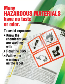 "Many Hazardous Materials have no Taste or Odor" safety poster from Clement Communications, illustrating the danger of undetectable chemical exposure.