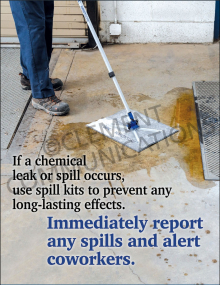 "If a Chemical Leak or Spill Occurs" safety poster from Clement Communications, providing clear instructions for emergency spill response and reporting.
