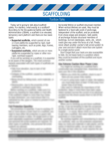 Construction Scaffolding Toolbox Talk training sheet featuring a safety meeting guide and a 10-question employee review quiz.