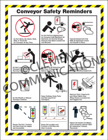 Conveyor safety infographic poster detailing essential safety rules, including lockout procedures and pinch point awareness for industrial conveyors.