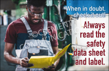 Chemical safety banner explaining the importance of reading and understanding the label and SDS before handling materials.