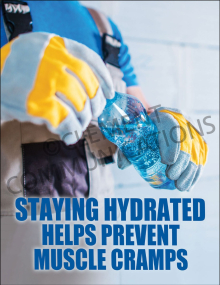 Staying Hydrated Helps Prevent Muscle Cramps Poster from Clement, illustrating the link between hydration and preventing muscle cramps in the workplace.