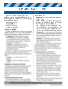 First Aid - Sprains and Strains Toolbox Talk training sheet featuring a 15-minute safety meeting guide and an employee review quiz.