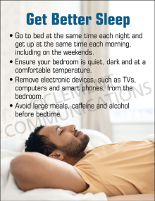 Workplace wellness and health poster titled "Get Better Sleep" detailing actionable tips and bedtime habits to improve sleep quality and daily alertness.