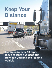 "Keep Your Distance" fleet safety poster from Clement, illustrating the five-second following distance rule for vehicles traveling over 40 mph.