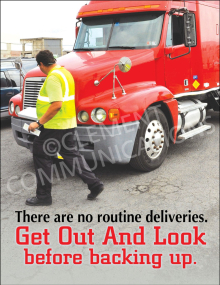 Vehicle safety poster featuring the "GOAL" (Get Out and Look) acronym to remind drivers to inspect their surroundings before backing up or maneuvering.