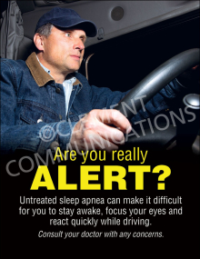 "Are You Alert?" safety poster from Clement, warning about the dangers of untreated sleep apnea and its impact on driving alertness.