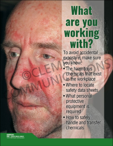 "What Are You Working With?" safety poster from Clement Communications, encouraging employees to identify and understand hazardous chemicals in their workspace.