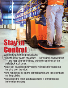 Stay in Control on an Electric Pallet Jack Safety Poster showing safe operating procedures and warehouse material handling guidelines.