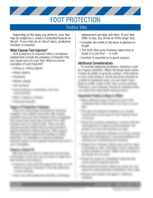 "PPE - Foot Protection" toolbox talk training sheet from Clement, featuring safety meeting points and a comprehension quiz.
