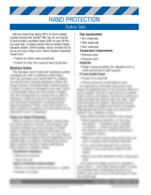 PPE-Hand Protection Toolbox Talk training sheet featuring a safety meeting guide and a 10-question employee review quiz on protecting hands in the workplace.