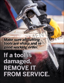"Cutting Tools Are Sharp" safety poster from Clement Communications, emphasizing the importance of keeping cutting tools sharp and in good working order.