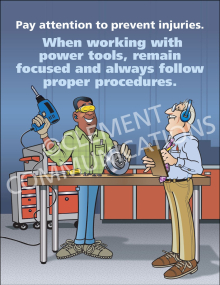 "Working With Power Tools" safety poster from Clement, emphasizing focus and following proper procedures during equipment operation.