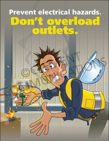 Prevent Electrical Hazards safety poster featuring a warning against overloading electrical outlets in the workplace.