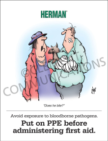 "Herman-Avoid Exposure" safety poster from Clement, featuring the Herman character and reminding staff to wear PPE to avoid bloodborne pathogens.