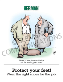 "Herman - Wear the Right Shoes" safety poster from Clement, reminding employees to protect their feet by wearing appropriate job-specific footwear.
