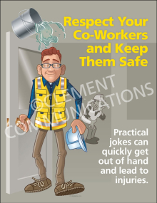 "Horseplay and Practical Jokes" safety awareness poster from Clement, emphasizing the importance of respecting coworkers to maintain safety.