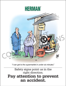 "Safety Signs Point Us" safety awareness poster from Clement, emphasizing the importance of following facility safety signs for guidance.