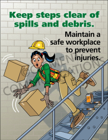 "Keep Steps Clear" safety poster from Clement, emphasizing the importance of keeping stairways free from spills and debris to prevent falls.