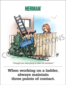 Workplace fall prevention safety poster titled "Herman - When Working on a Ladder Always Maintain 3 Points of Contact" outlining proper body positioning and safe climbing techniques.
