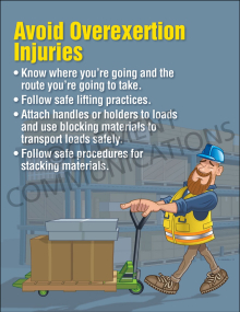 Mechanical Aid-Overexertion safety poster featuring a high-visibility reminder to plan routes and use mechanical aids to avoid workplace overexertion.