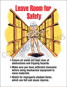 "Leave Room for Safety" facility safety poster from Clement, instructing employees to keep aisles clear of obstructions and tripping hazards.