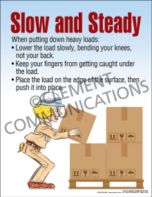 Lifting-Slow and Steady safety poster featuring instructions on how to properly lower heavy loads by bending the knees instead of the back.