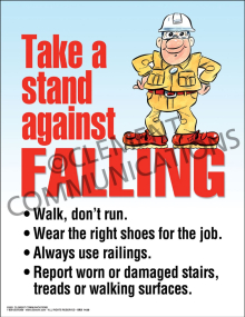 Workplace fall prevention safety poster titled "Take a stand against falling" outlining proper walking speed, footwear compliance, and facility hazard reporting.