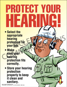"Protect Your Hearing" safety poster from Clement, emphasizing the importance of selecting and wearing appropriate hearing protection.