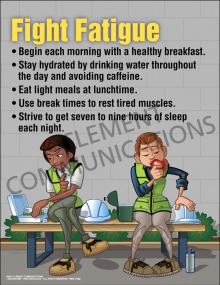 "Fight Fatigue" safety poster from Clement Communications, encouraging workers to start their day with a healthy breakfast to maintain alertness.