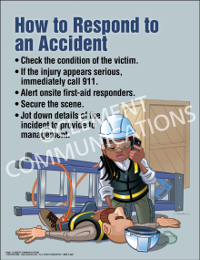 "How to Respond to an Accident" safety poster providing step-by-step guidance on emergency response and checking victim conditions in the workplace.