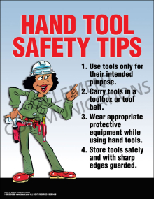 Hand Tool Safety Tips poster featuring visual guidelines for safe tool handling and injury prevention in the workplace.