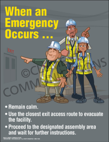 Emergency preparedness poster titled "When an Emergency Occurs" detailing the vital steps to take during a workplace crisis or evacuation.