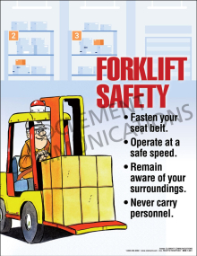 "Forklift Safety" warehouse equipment poster from Clement, instructing operators to fasten their seat belts and maintain safe speeds.