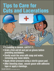 First aid compliance poster titled "Tips to Care for Cuts and Lacerations" detailing a five-step wound response guide with clear instructional graphics.