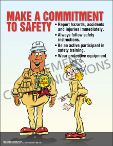 "Make A Commitment" safety poster from Clement, encouraging employees to report hazards and accidents immediately for a safer workplace.