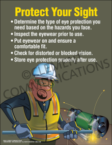 Eye safety poster titled "Protect Your Sight" showing industrial eye protection gear and warnings about hazards that can cause permanent vision damage.