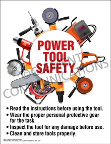 "Power Tool Safety" poster from Clement Communications, emphasizing the importance of reading instructions before using power equipment.