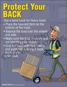 "Hand Truck - Protect Your Back" safety poster from Clement, encouraging the use of hand trucks to prevent back strain during heavy lifting.